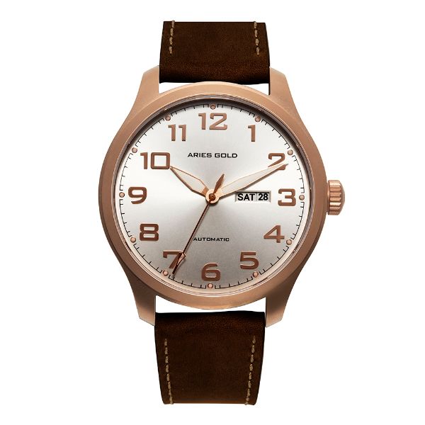 ARIES GOLD AUTOMATIC ESCALATE ROSE GOLD STAINLESS STEEL G 9017 RG-SRG BROWN LEATHER STRAP MEN'S WATCH